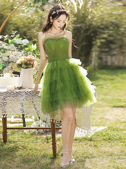 Green Tulle Straps Knee Length Layers Party Dress, Green Tulle Short Homecoming Dress